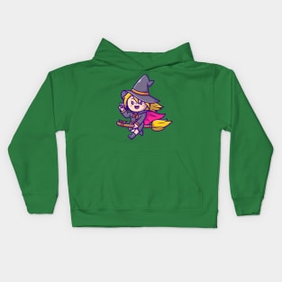 Cute Witch female Riding Magic Broom Cartoon Kids Hoodie